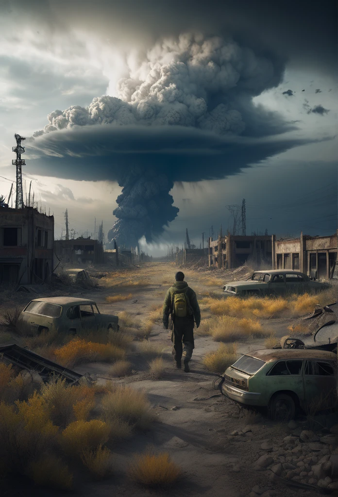 (best quality,4k,8k,highres,masterpiece:1.2),ultra-detailed,(realistic,photorealistic,photo-realistic:1.37),nuclear weapons,fallout 4,radiation,desolate wasteland,vivid colors,dystopian,destroyed buildings,smoke and debris,post-apocalyptic,ruins,barren land,ominous sky,dangerous creatures,radioactive glow,crumbling civilization,darkatmosphere,hopelessness,desperation,desolation,loneliness,survival struggle,overgrown vegetation,decayed infrastructure,ashen ground,mutated flora and fauna,deteriorating society,isolated survivors,scarred horizon,haunting silence,abandoned cities,vast emptiness,void of life,ruined civilization,shadowy figures,remnants of human existence,dreadful ambiance,harsh and unforgiving reality,bleak outlook,apocalyptic wasteland,ominous presence,apocryphal