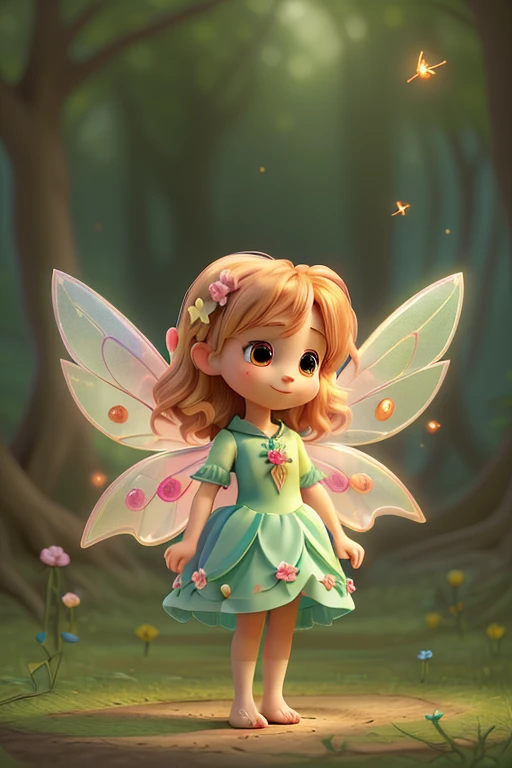 Cute Fairy、3A little flower fairy of a person is playing in the enchanted magical forest、You can see a girl and a boy、They have angel wings and can also fly、Short golden hair and cute round eyes、A slight smil、Perfect litthing、high-detail、high-level image quality、High color rendering、hight resolution、A hyper-realistic、photo realistic