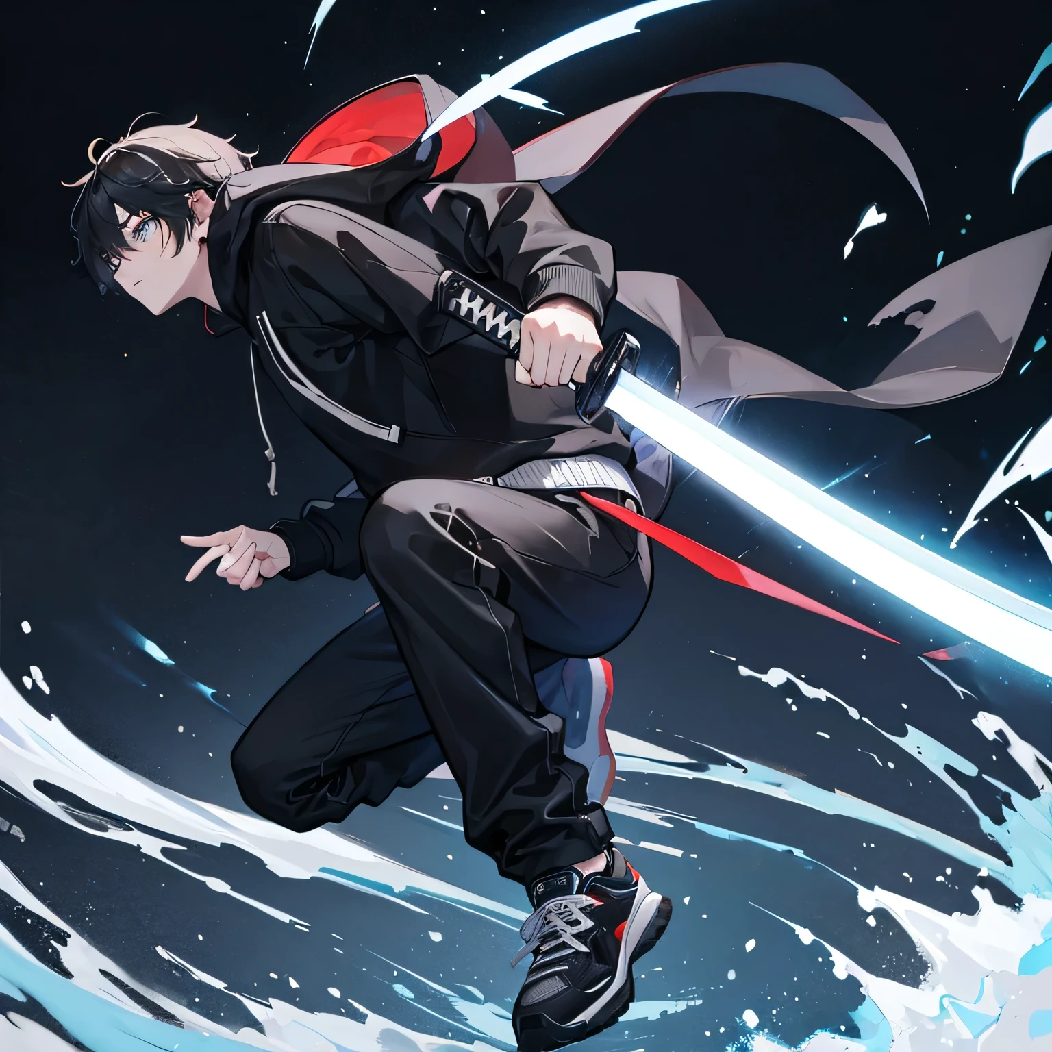 17-year-old boy in black hoodie with hood and dark pants and white sneakers holding a katana