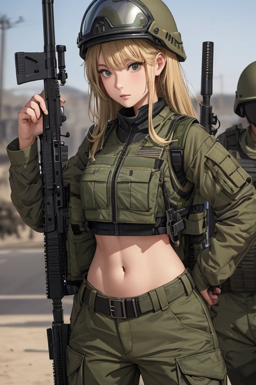 Women in crop top military bulletproof vest , military green cargo pants, belt, military helmet, tactical, (open navel), ((holding assault rifle))