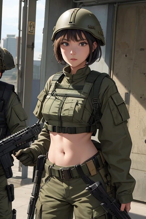 Women in crop top military bulletproof vest , military green cargo pants, belt, military helmet, tactical, (open navel), ((holding assault rifle))