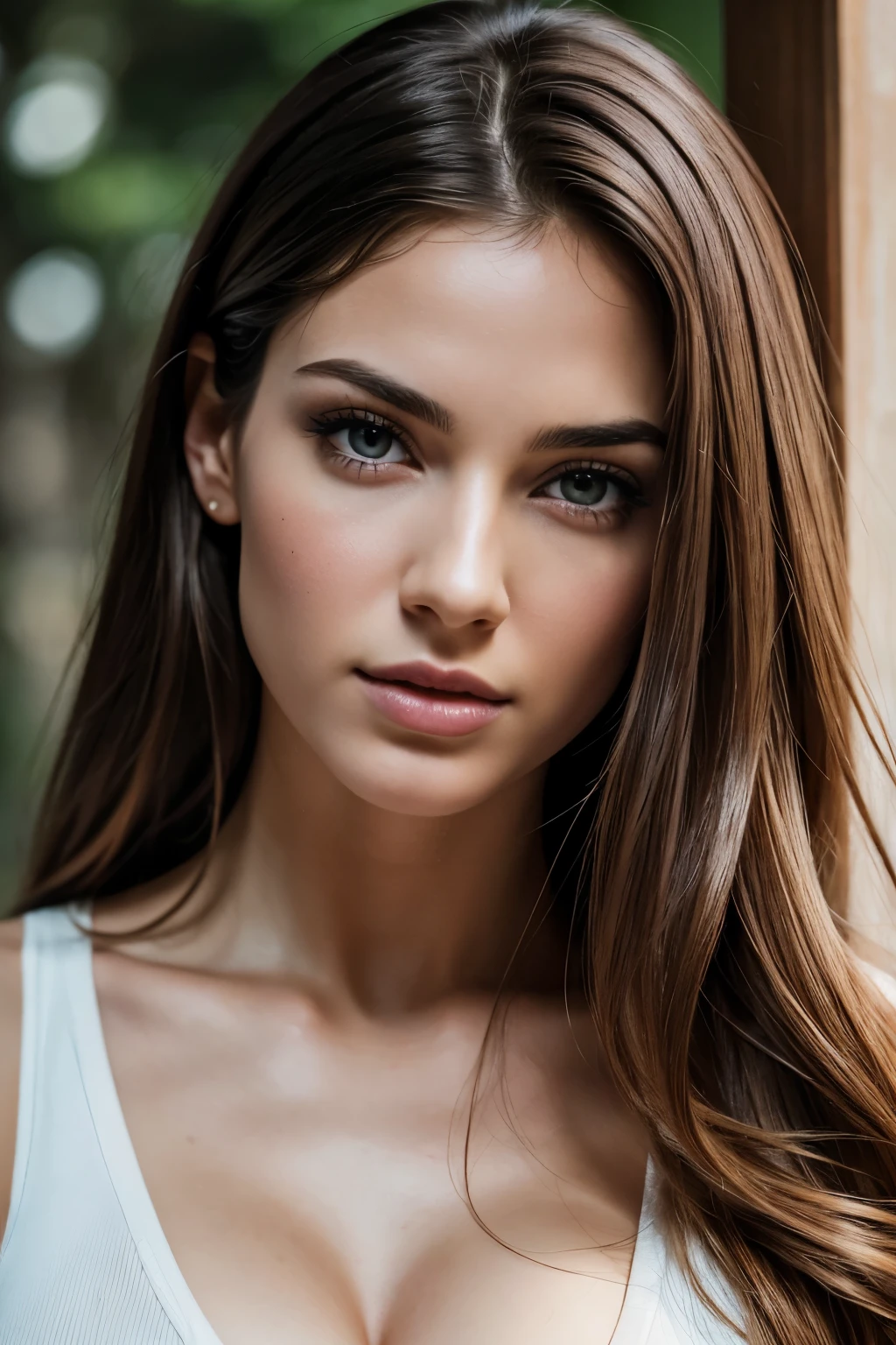 A female model with long, slightly wavy dark brown hair, a square-shaped face, and a pronounced jawline, pale skin, Medium: Photography, breast size 34D, Canon EOS R5, retrato de una rubia, cabello largo y liso, Incredible body, (cuerpo en forma:1.2), mejor calidad, fotorrealista, Ultra detallado, Finamente detallado, high resolution, fondo de pantalla 8k, RAW-Farbfoto, Profesional, ALTO NIVEL DE DETALLE, hermosa mujer rubia, textura natural de la piel, Sharp focus, award-winning photography, (Detalles intrincados, Hiperdetallado:1.1), cinematic masterpiece, HD