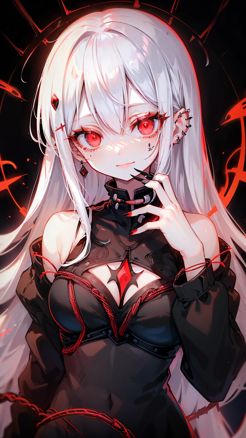 Beautiful young white-haired girl with piercing red eyes, half smile with full lips, black nails, barbed wires everywhere(coiled black barbed wires)