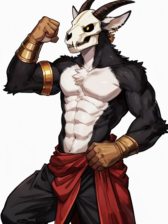 by Buta99, by SpiritD, best quality, masterpiece, perfect anatomy, plain white background, white background, black fur, skull mask, goat skull, yellow eyes, goat, extremely detailed, full body, lean, slim, skinny, thin, weak, muscles, muscular, big chest, adult, mature, masculine, skinny fat, skinnyfat, full body portrait, solo, 1male, masterpiece, posing, pose, dynamic pose, fully black body, black body, fur, fluffy chest, fluffy arms, fluffy torso, chest tuft, hairy chest, sfw, safe for work, goat tail, goat ears, goat horns, brown horns, golden earrings, ring earrings, golden ring earrings, white mask, ears, long ears, curved ears, visible ears, yellow pupils, shirtless, topless, naked, nude, white chest, white belly, fully black body, dynamic expression, fun expression, silly expression, happy expression, tunic, warrior tunic, warrior pants, 