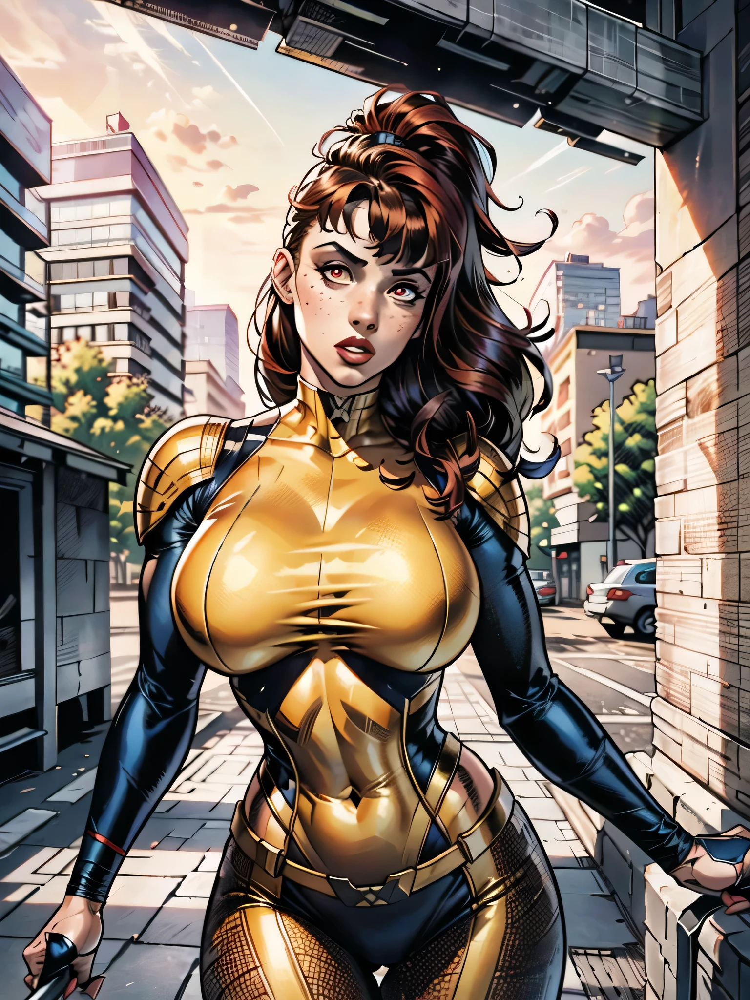 A woman, red hair, hair with bangs, 90's x-men uniform, outside, Marvel art style, comic, red eyes, some freckles, dark yellow spandex, red accent, smm