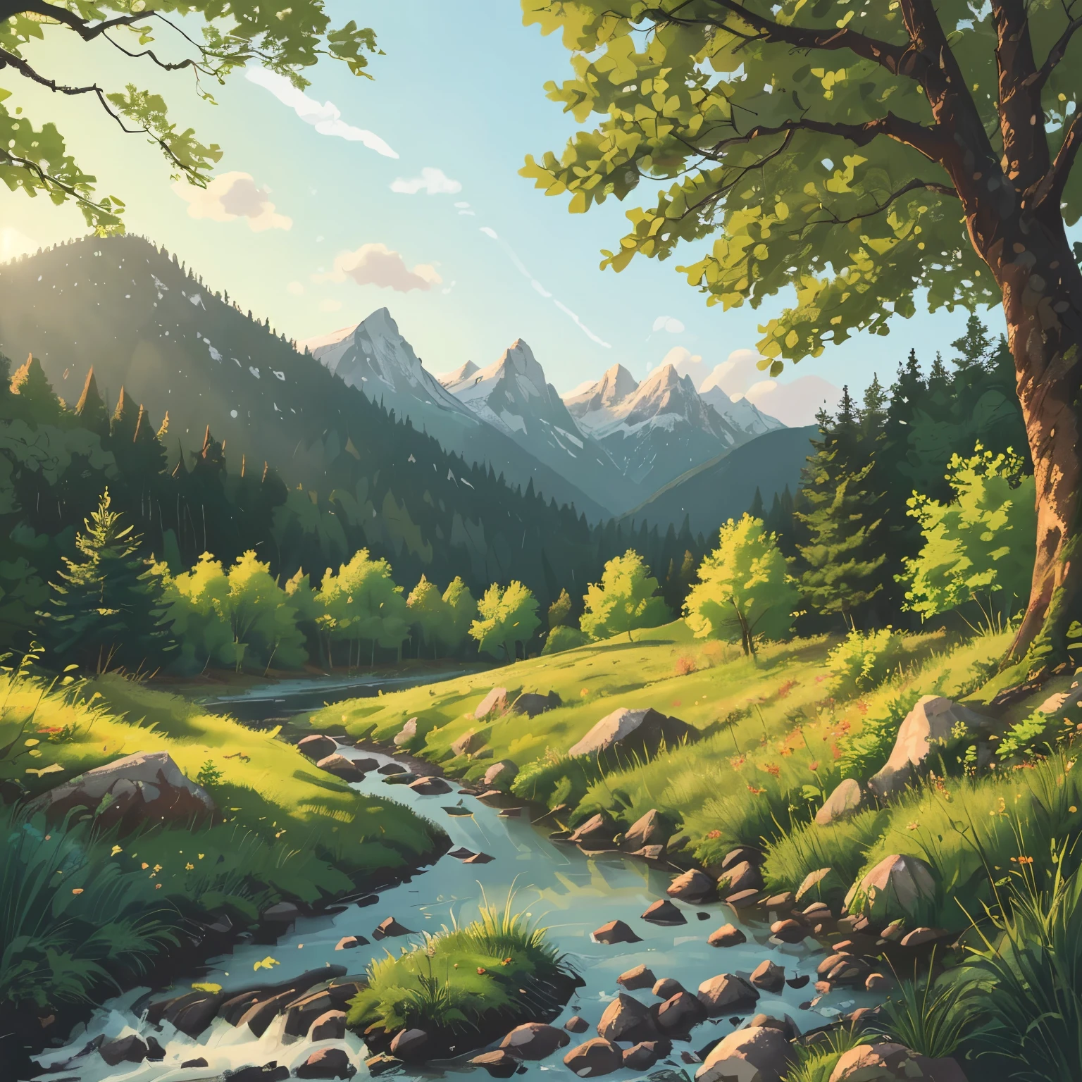 Digital painting style image: a picturesque clearing on a small hill with green grass, surrounded by light deciduous forest. A shallow stream flows diagonally on the right side of the clearing., crystal clear river. Majestic mountains are visible in the background. Clear sky with the sun at its zenith. In the clearing there is a picnic blanket in pastel colors, A cozy fire is burning nearby. The color scheme of the image is rich green and blue shades, sun glare on water and grass, creating an atmosphere of peace and solitude.