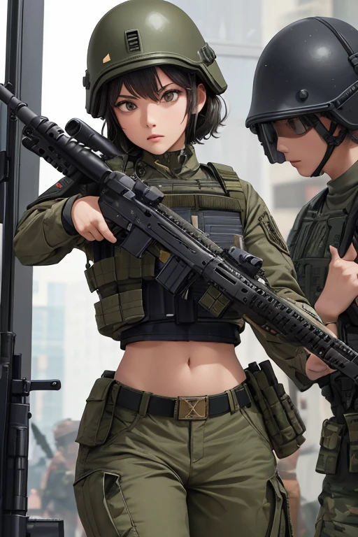 Women in crop top military bulletproof vest , military green cargo pants, belt, military helmet, tactical, (open navel), ((((aiming an assault rifle))))