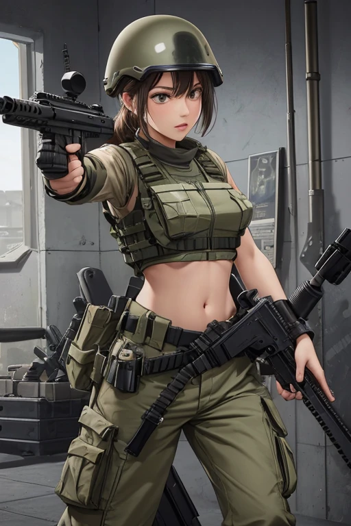 Women in crop top military bulletproof vest , military green cargo pants, belt, military helmet, tactical, (open navel), ((((aiming an assault rifle))))