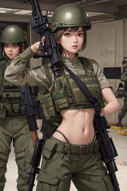 Women in crop top military bulletproof vest , military green cargo pants, belt, military helmet, tactical, (open navel), ((((aiming an assault rifle))))