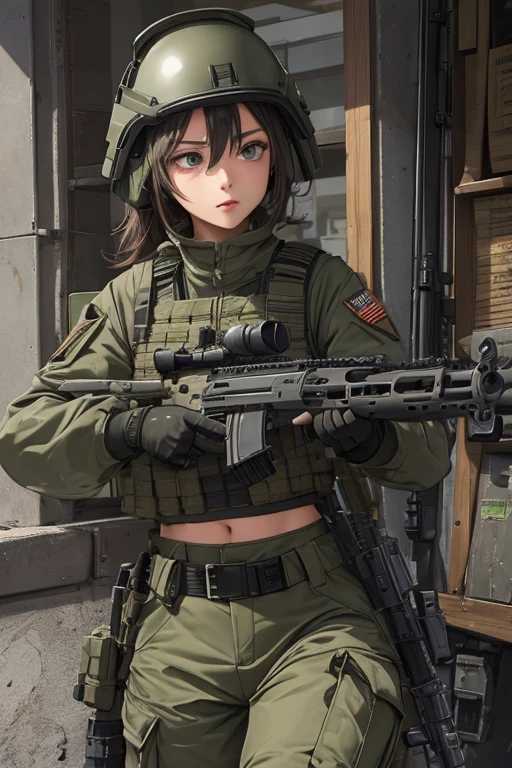 Women in crop top military bulletproof vest , military green cargo pants, belt, military helmet, tactical, (open navel), ((((aiming an assault rifle))))