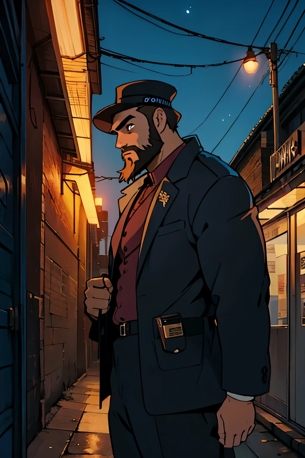 detective outside a police station at night serious with a beard and brown hair