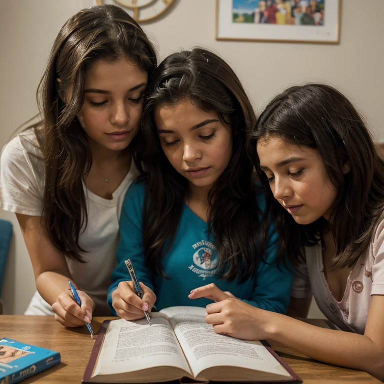 Muchos adolescentes ayudando a un asilo de personas de tercera edad a leer y escribir, imagen detallada