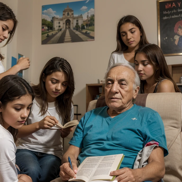 Muchos adolescentes ayudando a un asilo de personas de tercera edad a leer y escribir, imagen detallada