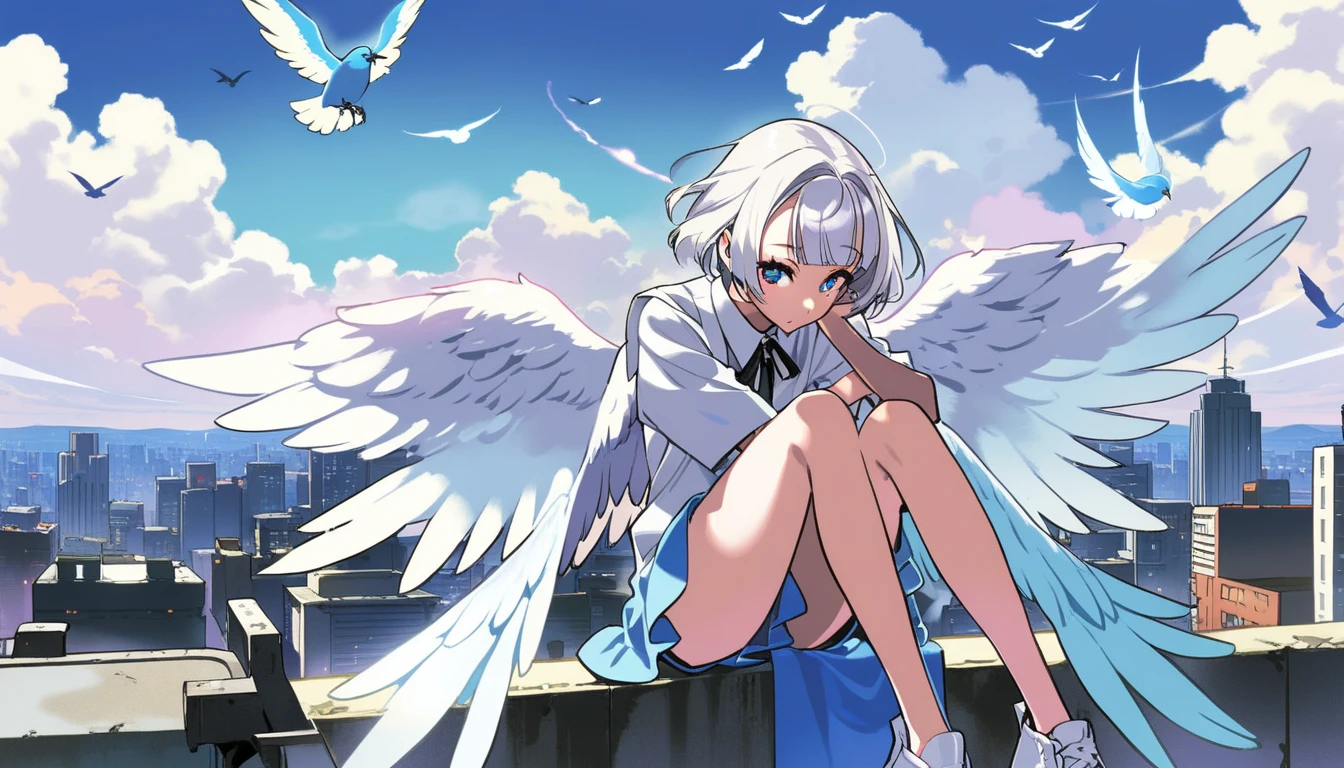 One Girl, by yoneyama mai, smell, Habitat doubts, wave hands, Heterochromatic pupil, (Sitting in the clouds), Great quality, Pushdown, Angel Wings, alone, White Hair, Winged Bangs, Shortcuts, Provocative, Angel District、Pale blue atmosphere, Skyline, Beautiful colors, (Great quality:1.5), masterpiece, 1 p, Blue Bird