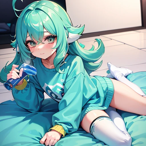 femboy with aqua splatoon-like hair with wavy bangs, wearing an oversize pastel-yellow sweater and some white thigh socks in a kneeling position, a vodka in hand with a drunken face.