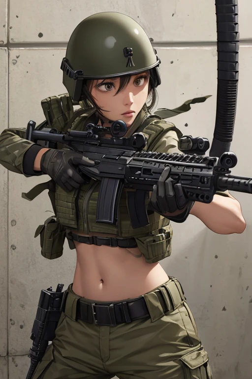 Women in crop top military bulletproof vest , military green cargo pants, belt, military helmet, tactical, (open navel), ((((aiming an assault rifle))))