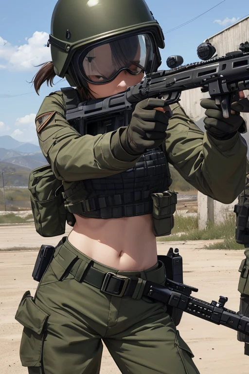 Women in crop top military bulletproof vest , military green cargo pants, belt, military helmet, tactical, (open navel), ((((aiming an assault rifle))))