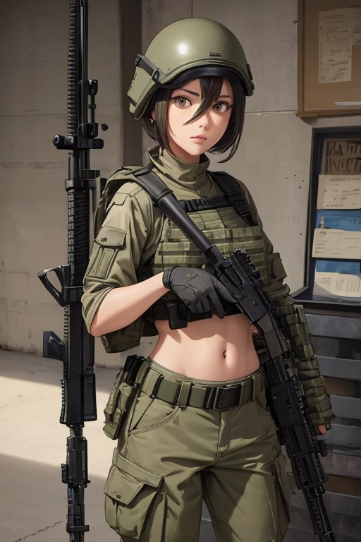 Women in crop top military bulletproof vest , military green cargo pants, belt, military helmet, tactical, (open navel), ((((aiming an assault rifle))))