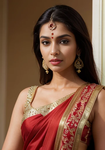 a close up of a woman wearing a red sari and gold earrings, indian super model, jaw-dropping beauty, jaw dropping beauty, very attractive and beautiful, indian goddess, traditional beauty, indian, gorgeous woman, very extremely beautiful, gorgeous beautiful woman, fine details. red, very beautiful woman, attractive and beautiful, dressed in a sari, very very beautiful woman