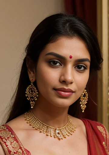 a close up of a woman wearing a red sari and gold earrings, indian super model, jaw-dropping beauty, jaw dropping beauty, very attractive and beautiful, indian goddess, traditional beauty, indian, gorgeous woman, very extremely beautiful, gorgeous beautiful woman, fine details. red, very beautiful woman, attractive and beautiful, dressed in a sari, very very beautiful woman