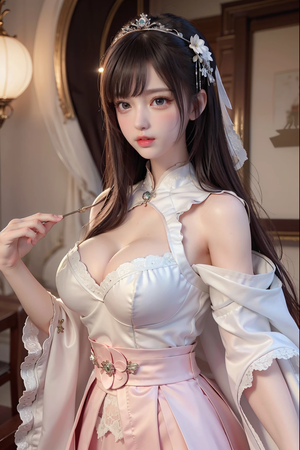 ((Masterpiece))), ((Best quality))), ((Ultra detail)), (an ultra realistic), (High Definition CG Illustration), cinematic light, Photorealistic,Very Beautiful 12 Year Old Daughter, Light makeup, Intricate Details EABA, White Intricate Lace Cloak, Dynamic pose, Spear, a Princess cute Hanfu dynasty open V-chested clothes royal, All Photos, Wet body in thin silk fabric, Thin silk lace petticoat,Princess 8 years olde ,Cleavage),petticoat, white pink, green ,highest quality,masterpiece,Ultra-high resolution,(realism:1.4),RAW Photos,(Real skin texture:1.3),(Film Grain:1.3),(Selfie angle),1 Giant breasts,Beautiful eyes and facial detailasterpiece,The best quality at its best,Exposing thighs and breastore exposed breasts, Detailed Hair,Looking down and towards the camera,Short Dress Princess Eyes,Super big eyes,Detailed face,Sparkling Eyes, Pink Dress (Garden,Palace of the Moon,), lace petticoat