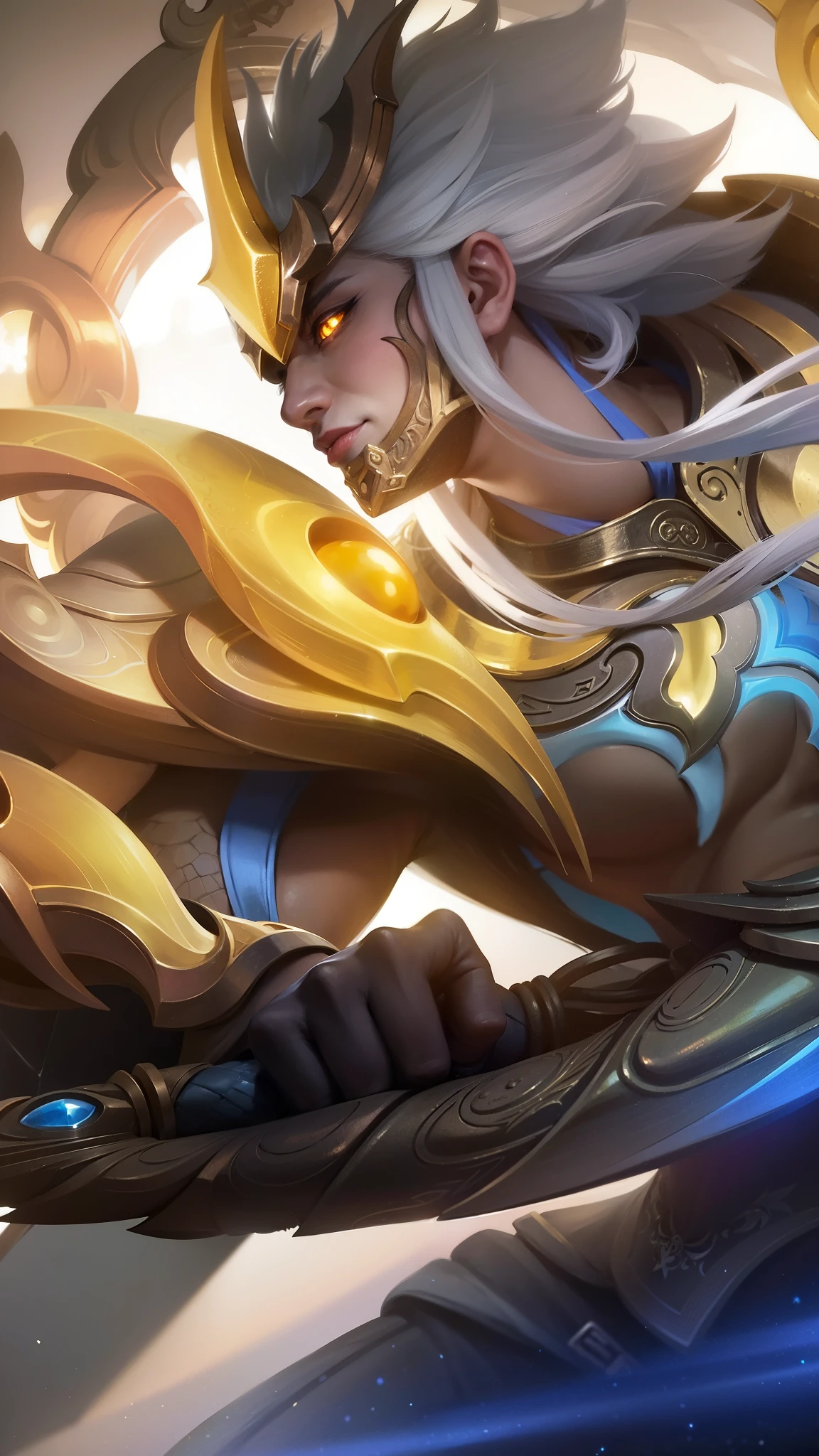 a close up of a man holding a sword in a sky, Masterpiece, ultra HD, detailed all picture, a close up of a devil, dyrroth from mobile legend, evil, extremely detailed artgerm, mobile legends character, inspired by Dyrroth, Six pack chest and abs, black jewel above the chest, light yellow eyes, glare, angry.