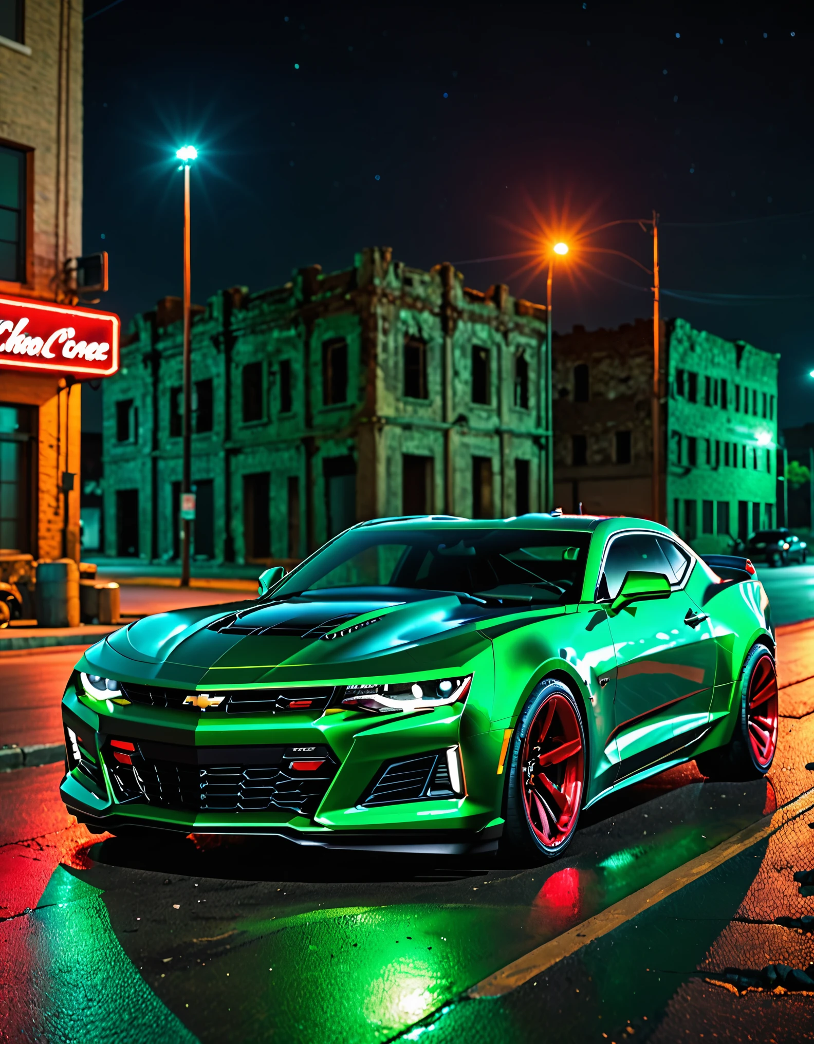 masterpiece, best quality, highres, a close-up of a car 1car, dark green car, 2023 Chevrolet Camaro, neon red headlights, nighttime, city ruins, ground vehicle, motor vehicle, no humans, outdoors, road, matching tires, vehicle focus