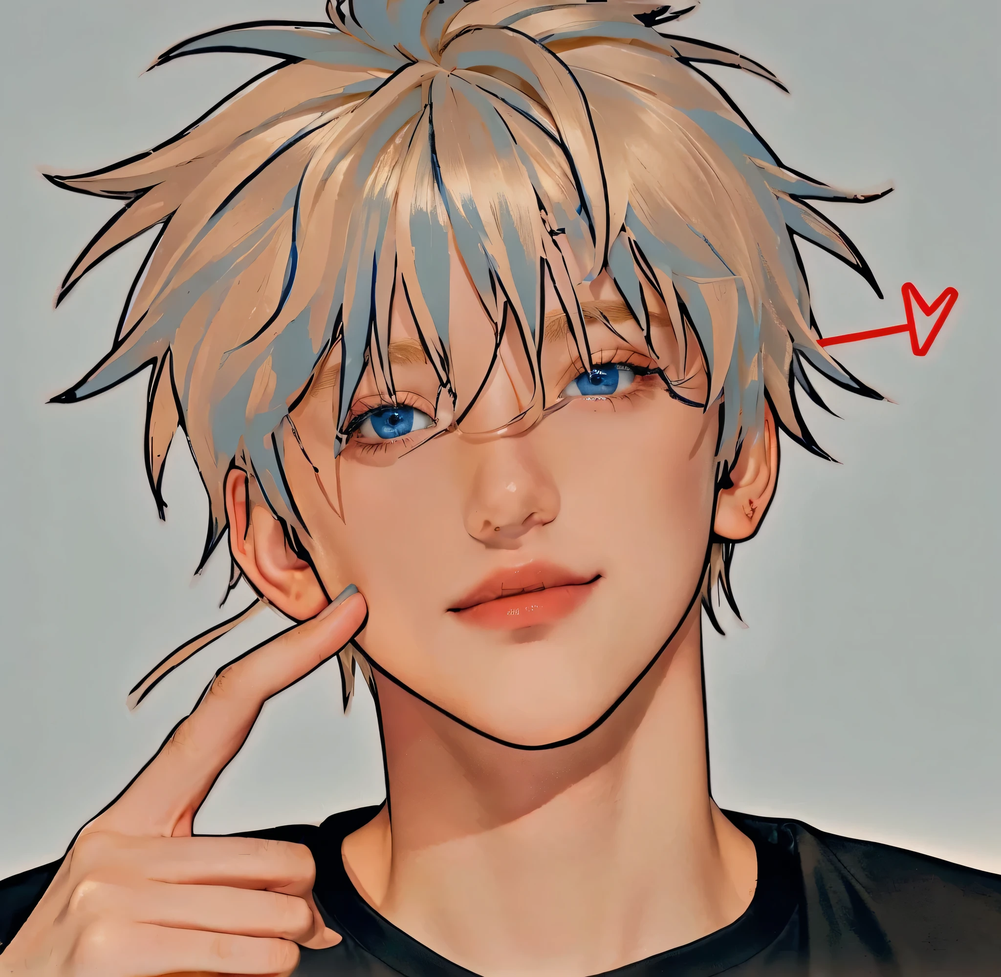 Man boy with blonde hair and blue eyes pointing to his index,