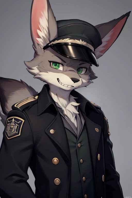 (high-res masterpiece)) , ((best quality)), illustration, furry,
jackal, animal ears, tail, bodyfur, black fur, 1man, adult man, upper body, 1man solo *//*, green eyes, *//*, dark grey officer trench coat, looking at viewer, toothy grin, dark grey officer hat, red stripe on right bicep,bunny,