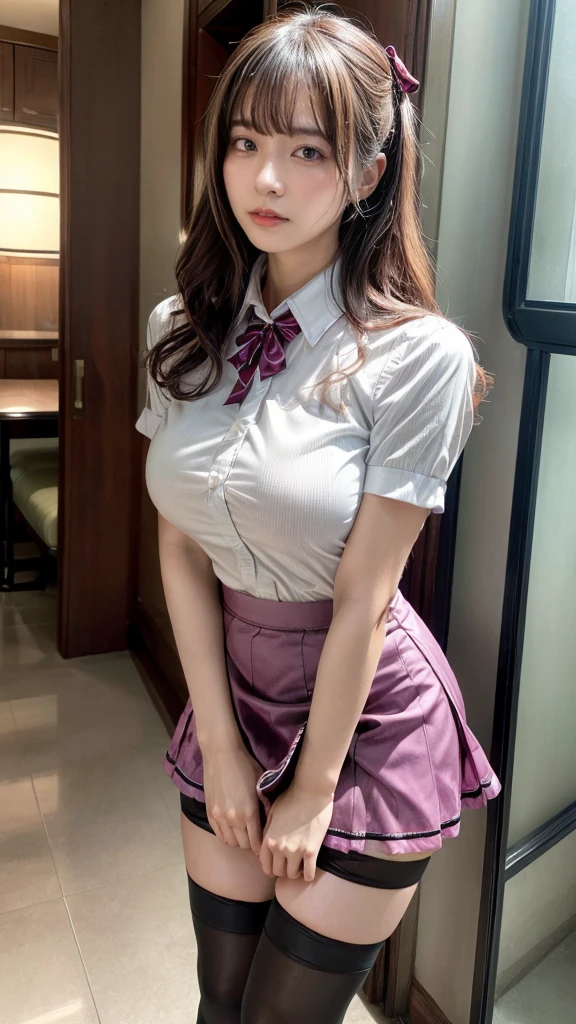 1 woman, 18 years old, classroom, 1 dumpling hair, medium hair, medium chest, sitting on a chair,white blouse,plaid navy miniskirt,pink bra,pink panty,from below