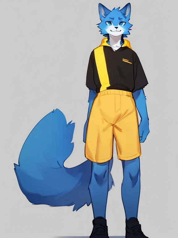 By bebebebebe, by lostgoose, by goonie-san, solo, boy, feline, cat,wolf, blue fur, blue eyes, black and yellow shirt, shorts, standing, facing viewer,long legs,chaqueta.
