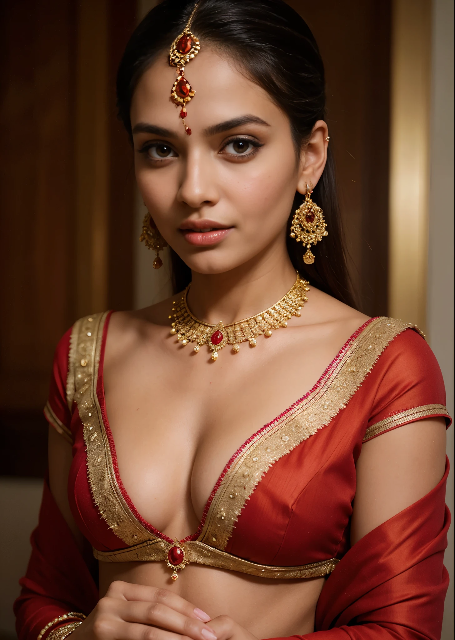 a close up of a woman wearing a red sari and gold earrings, indian super model, jaw-dropping beauty, jaw dropping beauty, very attractive and beautiful, indian goddess, traditional beauty, indian, gorgeous woman, very extremely beautiful, gorgeous beautiful woman, fine details. red, very beautiful woman, attractive and beautiful, dressed in a sari, very very beautiful woman