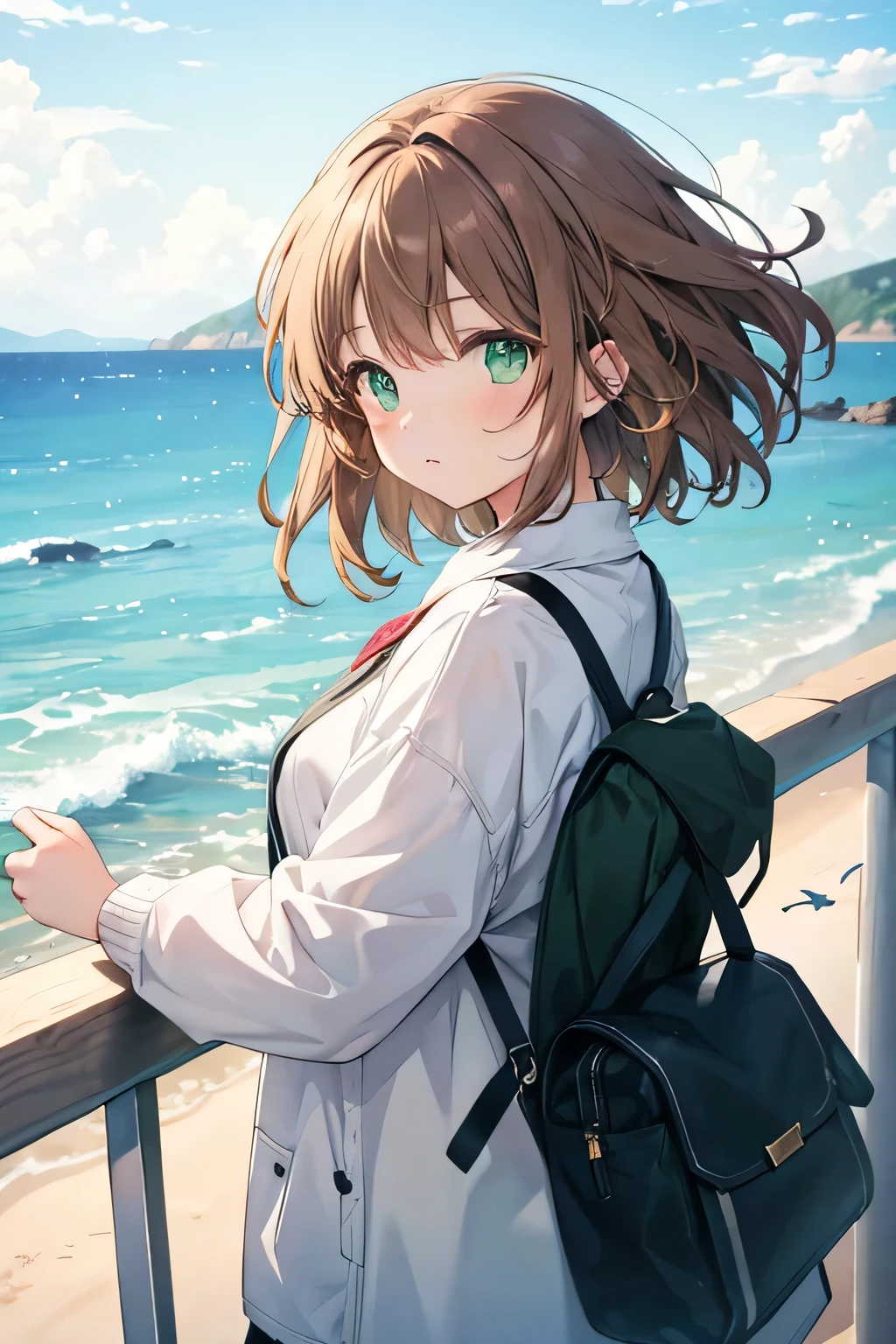 Pixiv cool artstyle, watercolor artstyle, girl with brown hair and green eyes flying in the sky