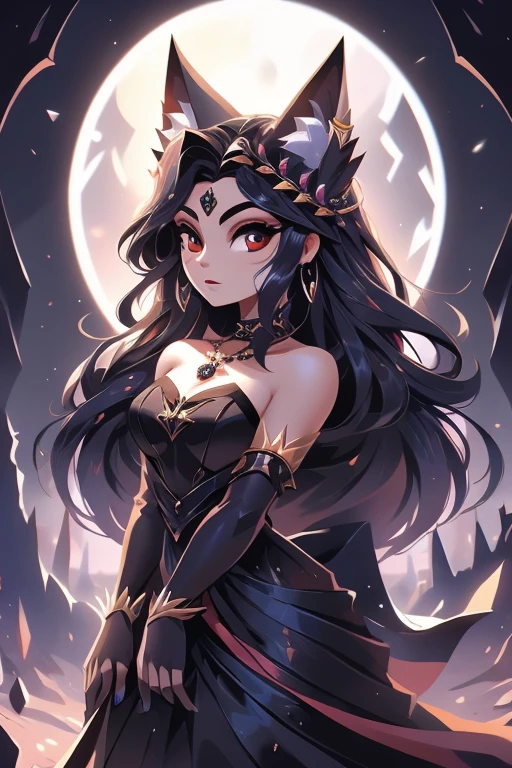 Nome: Valentina Raça: Vampira Cor da pele: pale, com um leve tom acinzentado Cor dos olhos: Vermelho intenso Cabelo: Longo e escuro, na cor preta, com mechas vermelhas Vestimenta: Um vestido elegante, na cor preta, com detalhes em renda e seda. She wears a black pearl necklace and elbow-length gloves.. accessories: Um par de presas afiadas, uma capa longa e negra, and a fan adorned with gothic details.Its background shows a gothic setting, with gloomy castles and a full moon shining in the sky, refletindo sua natureza noturna e misteriosa.