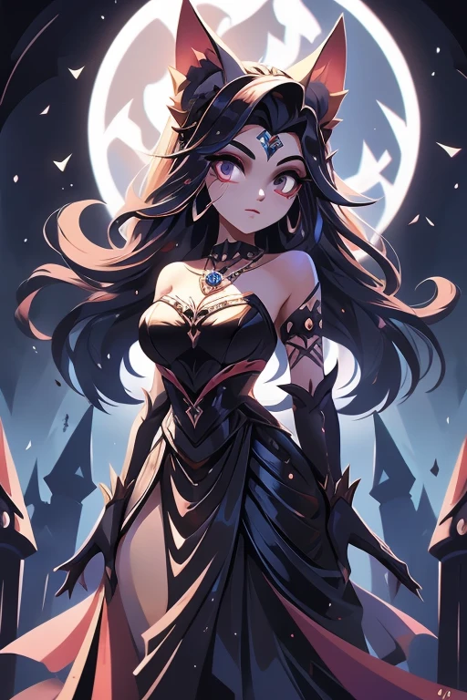 Nome: Valentina Raça: Vampira Cor da pele: pale, com um leve tom acinzentado Cor dos olhos: Vermelho intenso Cabelo: Longo e escuro, na cor preta, com mechas vermelhas Vestimenta: Um vestido elegante, na cor preta, com detalhes em renda e seda. She wears a black pearl necklace and elbow-length gloves.. accessories: Um par de presas afiadas, uma capa longa e negra, and a fan adorned with gothic details.Its background shows a gothic setting, with gloomy castles and a full moon shining in the sky, refletindo sua natureza noturna e misteriosa.