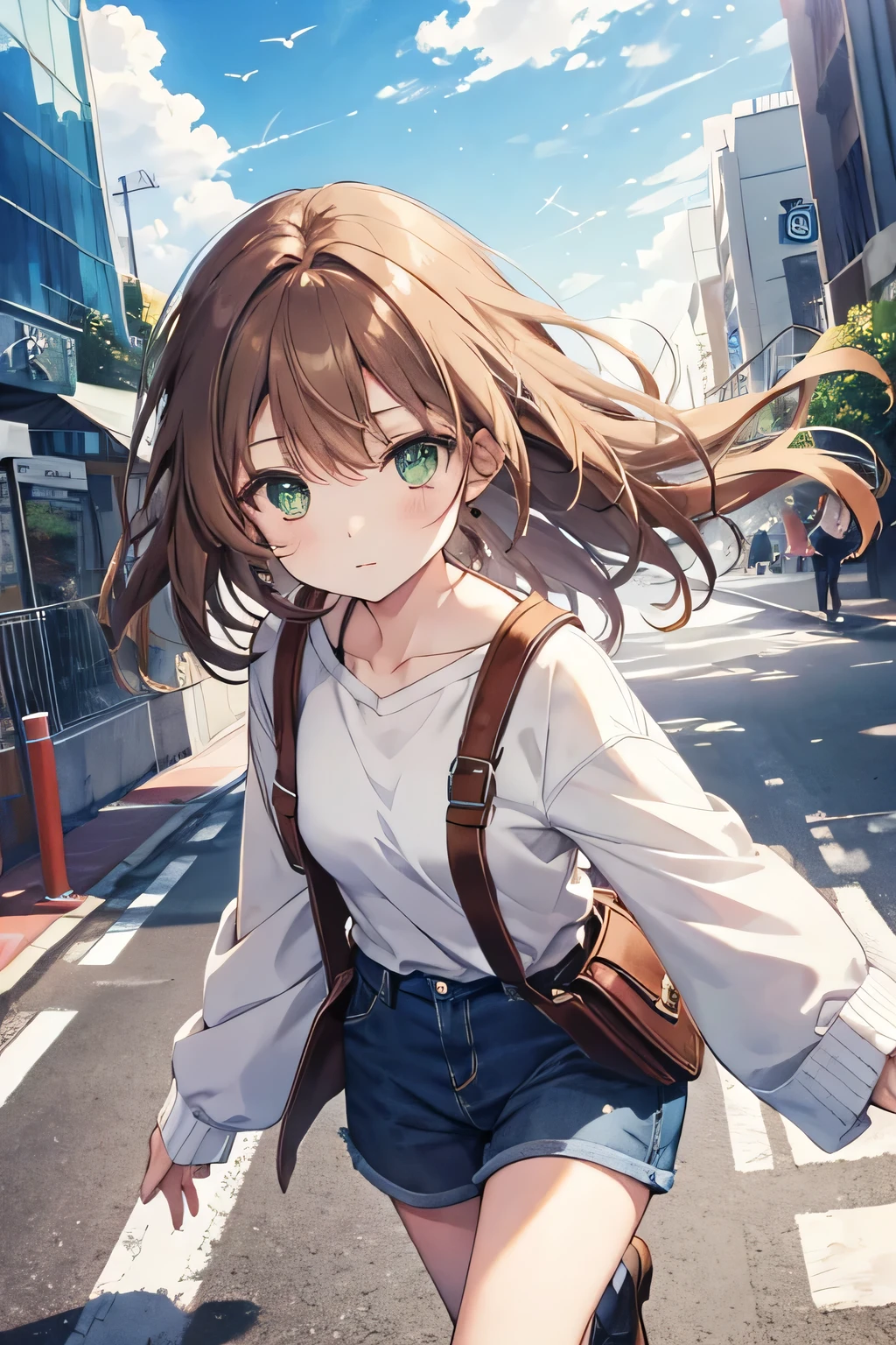 Pixiv cool artstyle, watercolor artstyle, girl with brown hair and green eyes flying in the sky