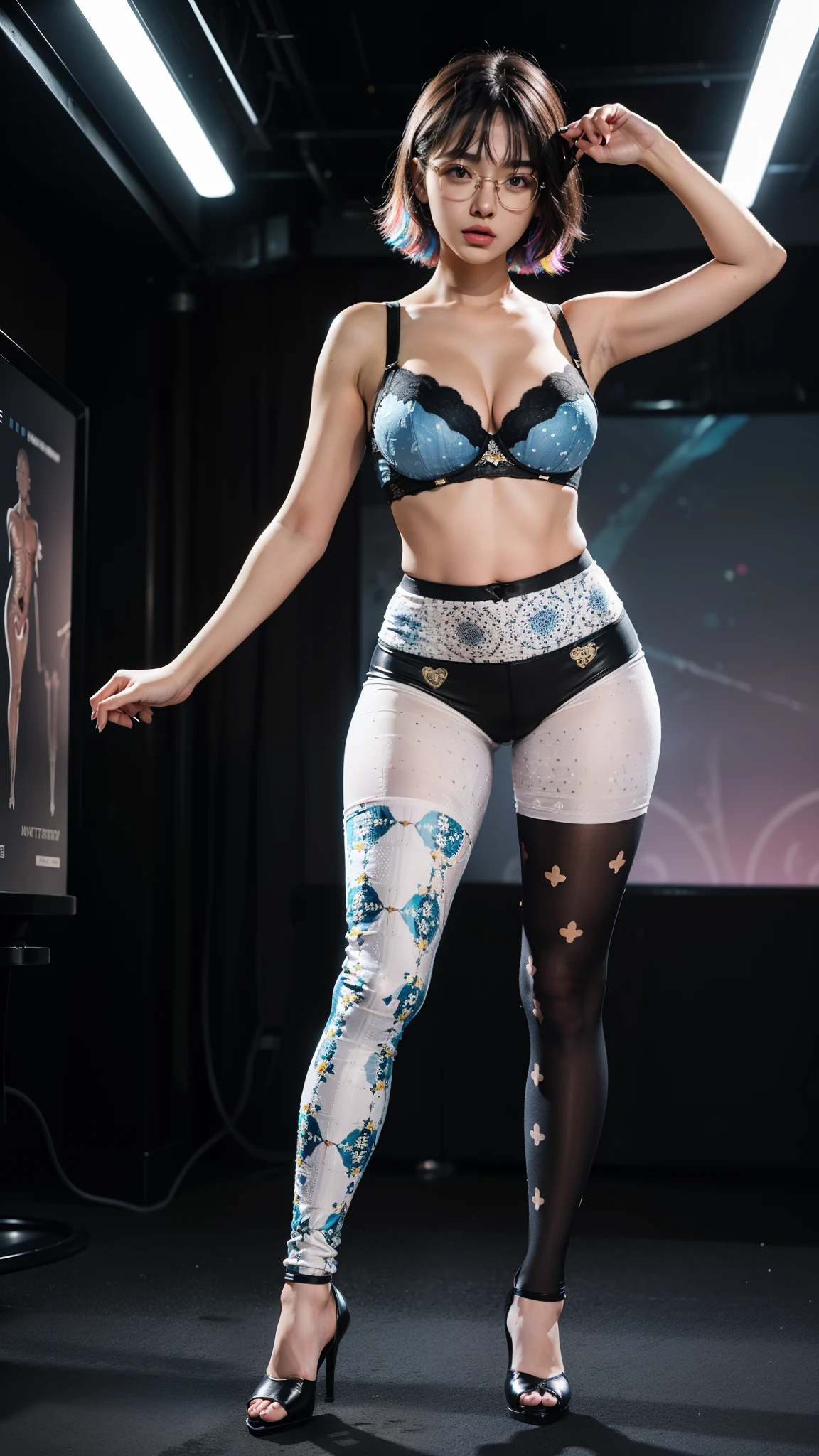 (full body:1.5)，(((only one girl)):1.4),(view the viewer:1.4)，((anatomy correct):1.45),(((dancing in the night club , Perfectly integrated background))):1.3),(she wears large glasses and Holding bra & pantie in her hand:1.2),(shy:1.15)，((Spandex set):1.2),(((((((patterns)))))) ,((thick pantyhose)):1.3),( high heels leather shoes :1.1)，((Long legs and large chest):1.3),((((colorful))):1.4),(Accurate and perfect face:1.3),((black short hair):1.2)，hyper HD, Ray traching, reflective light， structurally correct, Award-Awarded, high detail, lighten shade contrast, Face lighting ，cinematic lighting, masterpiece, super detailing, high quality, high detail, best quality, 16k，High contrast,