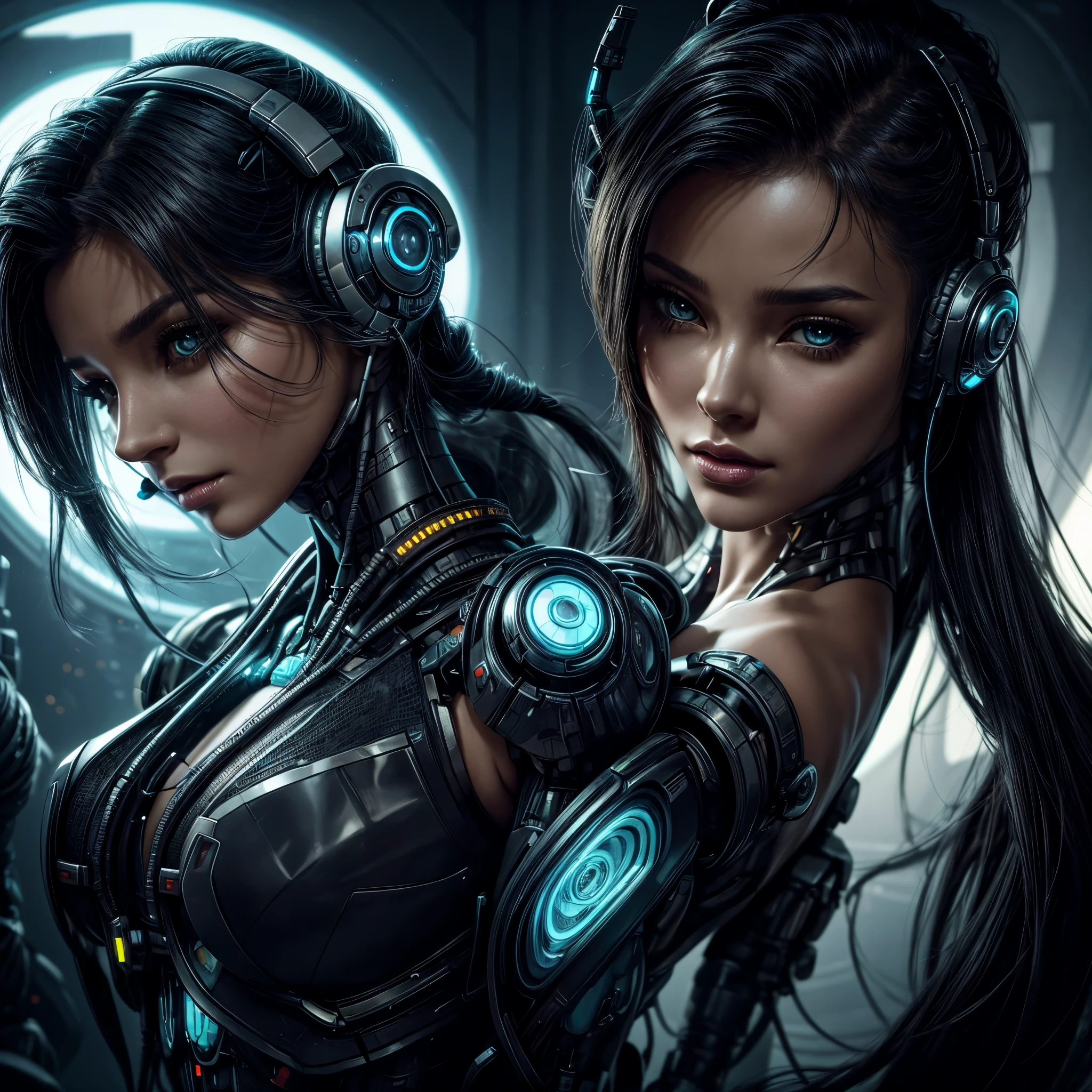 Close-up of a woman wearing headphones in a futuristic setting, cyberpunk robot elf queen, portrait of a beautiful sci-fi girl, portrait of a cyborg queen, cyborg goddess in cosmos, VLP. Science fiction, beautiful cyborg girl, Beautiful cyborg priestess, Dreamy girl in cyberpunk style, intricate VLP, cyborg girl, portrait of an android woman