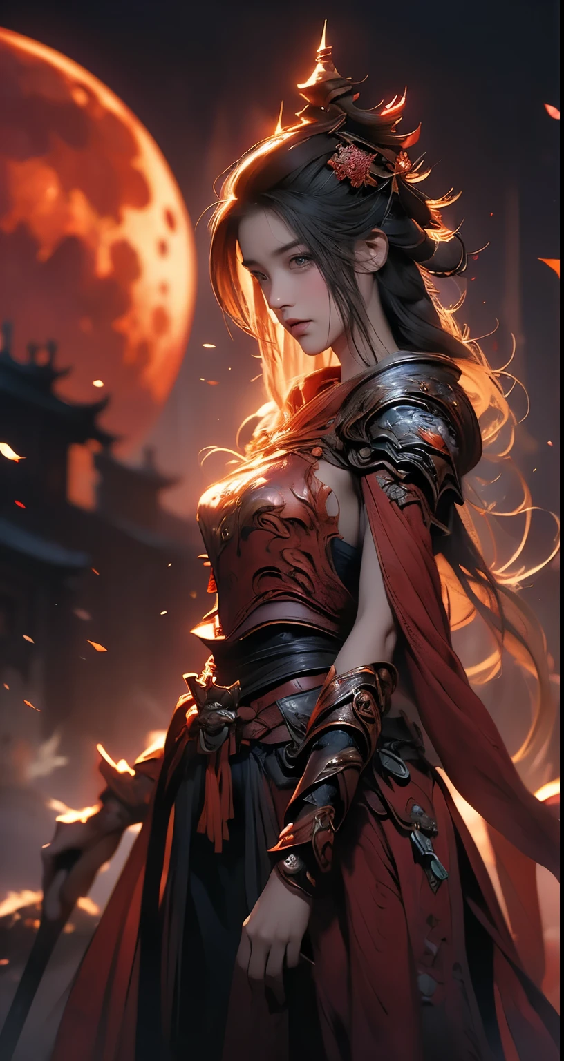 ((Masterpiece)),((Best Quality)),8k,high-detailed,hyper-detailed,intricate detail,illustration,fantasy,surrealism,((1girl:1.2)),alone,picture China The Jiang girl in style, big , open chest, show shoulders, tiny short skirts, ((Jiang girl costume)), (Huangfu paper on the head), ((jiangshi pose: 1.1)), ancient bamboo forest background, (red moon: 1.2), (tilt angle: 1.1), Detailed depiction of a girl in a zombie pose at night, eerie and mysterious atmosphere, Cinematic lighting with the red moon, visual effects with motion blur and magic elements, Maxon Cinema 4D,