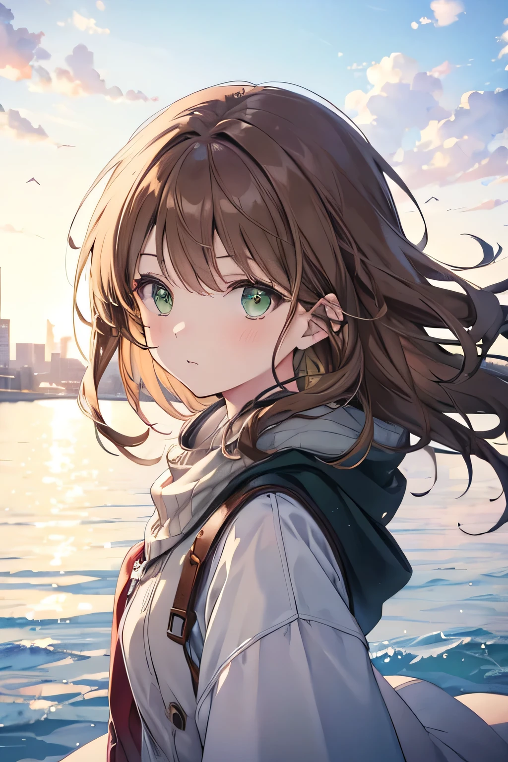 Pixiv cool artstyle, watercolor artstyle, girl with brown hair and green eyes flying in the sky