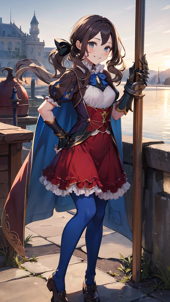 masterpiece, highest quality, High resolution, Da Vinci, ponytail, Hair Bow, Parted bangs, Small breasts, Blue ribbon, Single gauntlet, Cape, Red Skirt, Puff short sleeves, Blue gloves, Blue Pantyhose, Cowboy Shot, Are standing, Outdoor, smile,