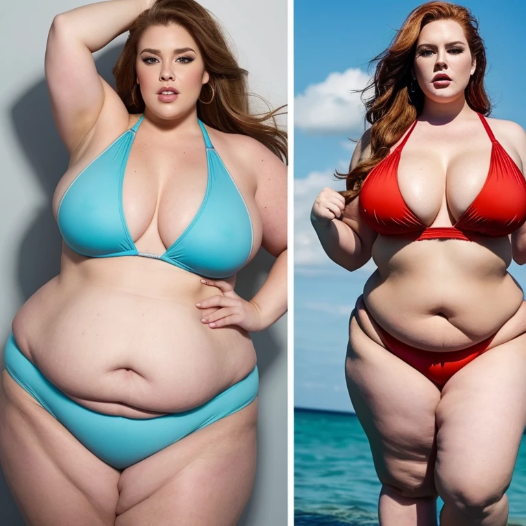 Two photos of a woman's diet before and after, a woman's diet before has a huge belly and is covered with a lot of fat all over her body, she is as fat as Tess Holliday, a top SSBBW model, a blonde with a beautiful face is wearing a swimsuit and has a very large belly, a severely obese female sumo wrestler, her belly is bulging, 4K quality, low angle