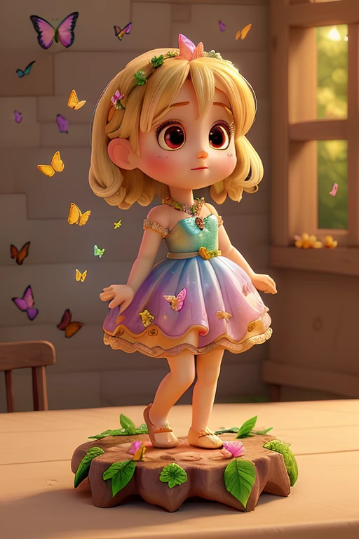 A crystal figurine of a baby girl beautifully decorated with flowers and butterflies flying around placed on a table near bon fire. Detailed full portrait. Backdrop of a rustic house wall 