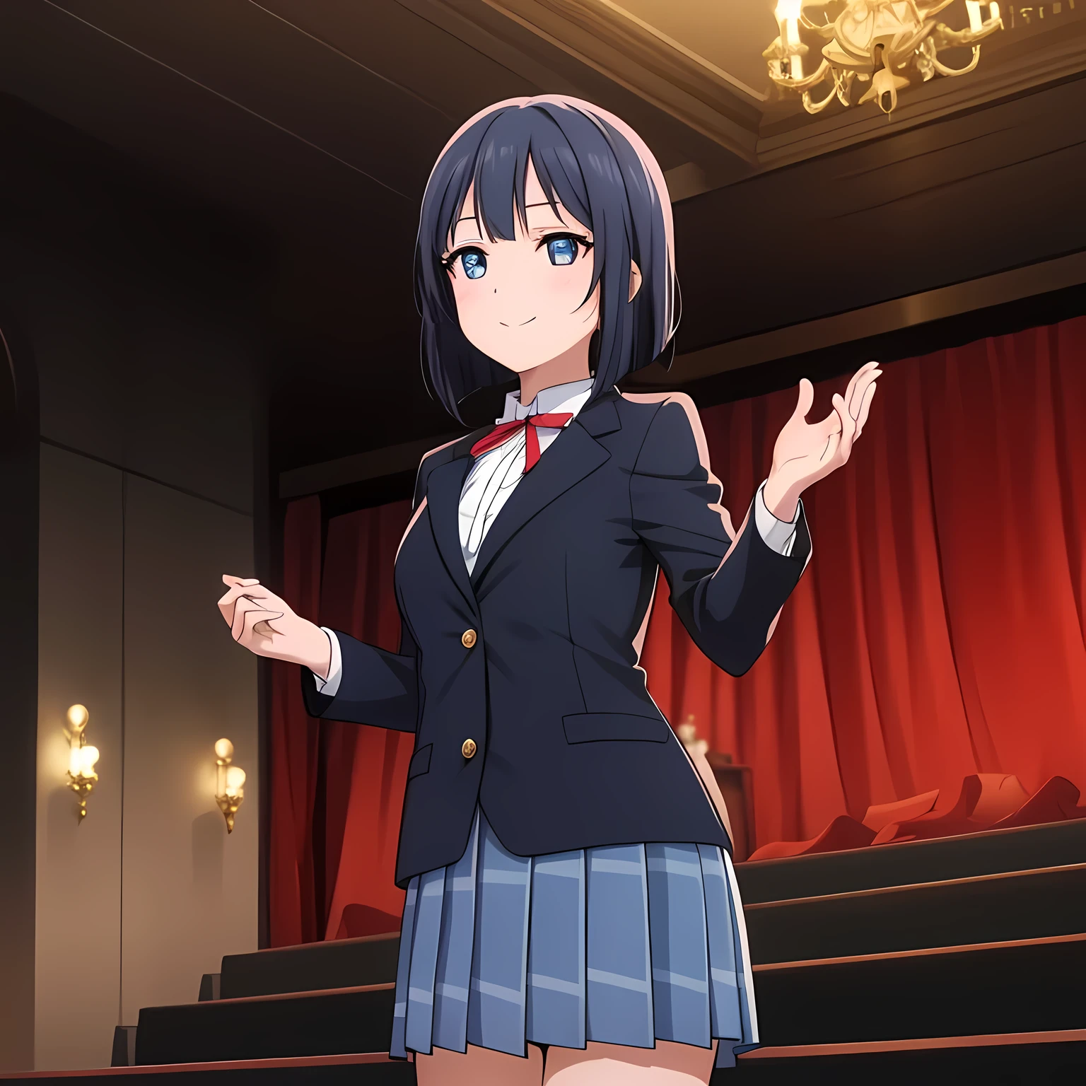 highest quality, (masterpiece:1.2), Very detailed, Girl in , , Black medium bob hair, Navy blue blazer, Navy blue pleated skirt, ((Very beautiful and shining eyes, Long eyelashes)), A large crimson ribbon on the chest, An elegant expression like a noble princess, Very good posture, Heavenly happiness, smile, Watching the audience, Calling the audience, The inside of the mouth is red, ((I can&#39;t see the teeth)), A happy look