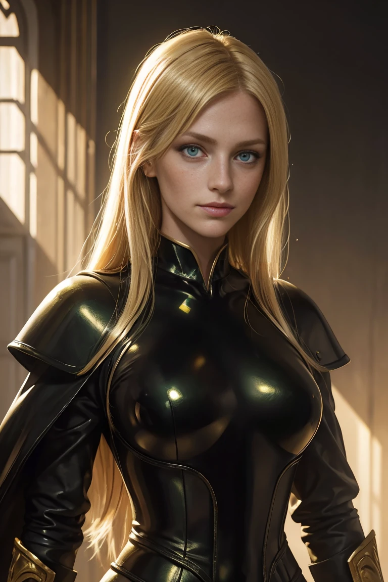 (best quality,masterpiece:1.2),beautiful girl,blond hair,green eyes,freckles,black shiny outfit,2 Dobermans,smirking,looking menacingly,heading into battle,inserted into an oil painting,with vibrant colors and fine brushstrokes,illuminated by a warm, golden light.
