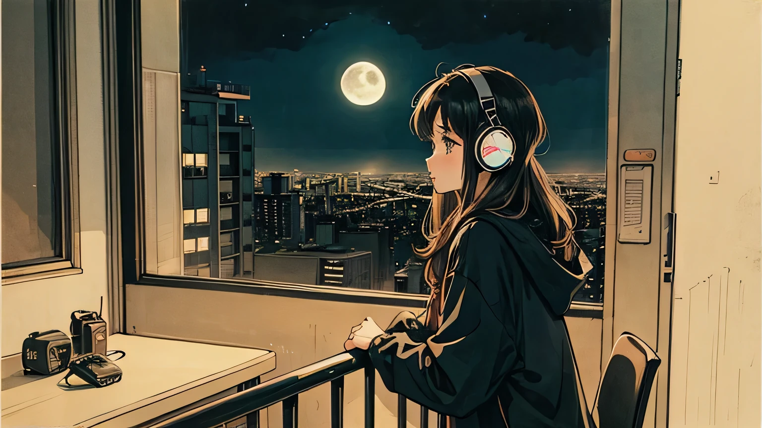 1 girl, 70s anime style, night, Apartment balcony、 moon, Girl wearing headphones, Late night on the balcony, Listening to music alone, City Pop, low quality, Lo-Fi, Chill, late night, Single room balcony, Dark Room, futuristic night view outside the window,
