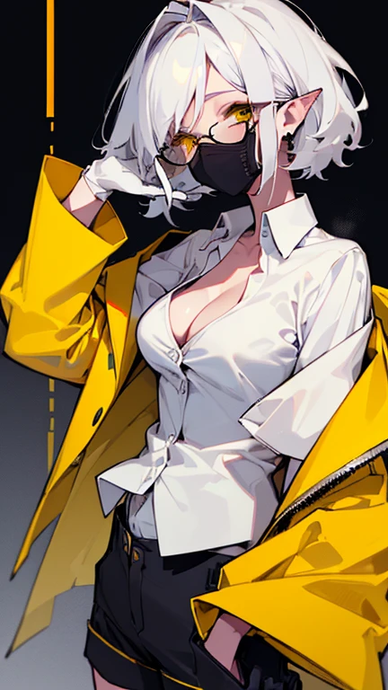 (highest quality、masterpiece:1.2) 1 Female, (adult), Dark skinn, Hair over the ears, light white hair, yellow Eyes, glasses, ((black tailored jacket, white shirts, short pants)), smiling eye, sharp eye, (), little earring, different pose, hand gesture, pointy ears, (off shoulder), leather gloves, (colorful mouth mask),