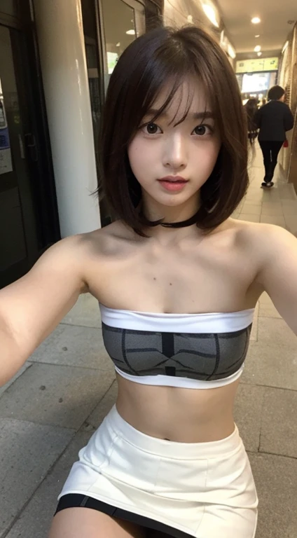 ((realistic lighting, highest quality, 8K, masterpiece, medium shot: 1.3)), clear focus: 1.2, 1 girl, perfect figure: 1.4, slim abs: 1.1, ((dark brown hair)), (strapless white tube top: 1.4), (outdoor, night: 1.1), in the university courtyard, Sitting on a bench, super fine face, fine eyes, double eyelid,(tartan check miniskirt), Taking a selfie with your phone,