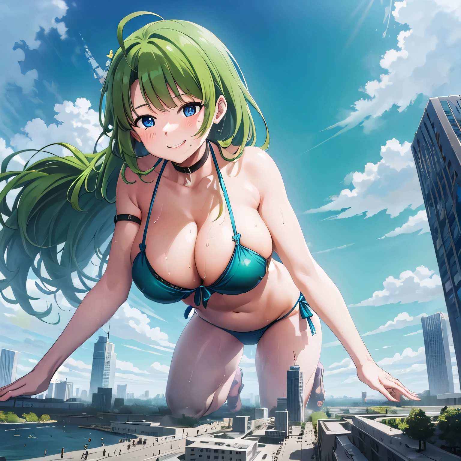 ((giantess)), 1 rapariga, maya_kantaicollction,green bikini, Lying Woman, Woman destroying a city, Woman on the ground, Big cities, Glass building, Pleasure, Long legs, Sweat, Falling sweat, giga giantess, blue sky, bikini, ((hugebreast), Curvaceous, Bikini showing off cleavage, smile, Background of the metropolis, fullbody, Destroyed City, Dust, anime, panorama, from below, wide shot, panorama, from below, from above, wide shot, panorama, from below, from above, wide shot, best quality, masterpiece, highres