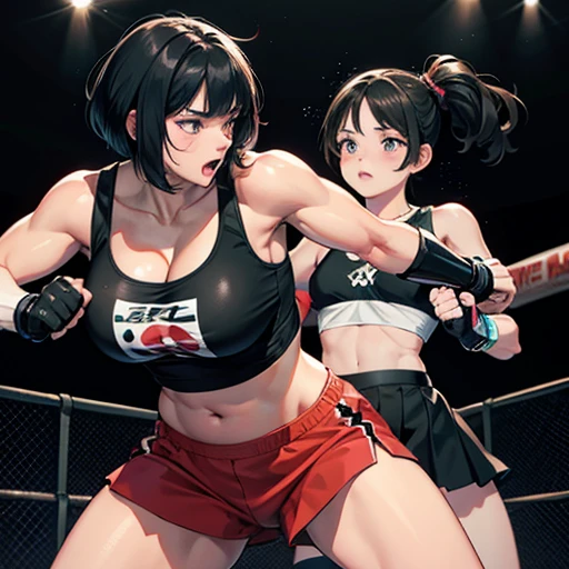 A beautiful muscular heavyweight female fighter punches the poor belly of a Japanese high school girl with short cut black hair and poor body. Mixed martial arts gym ring. Tank top, spats, open finger gloves.